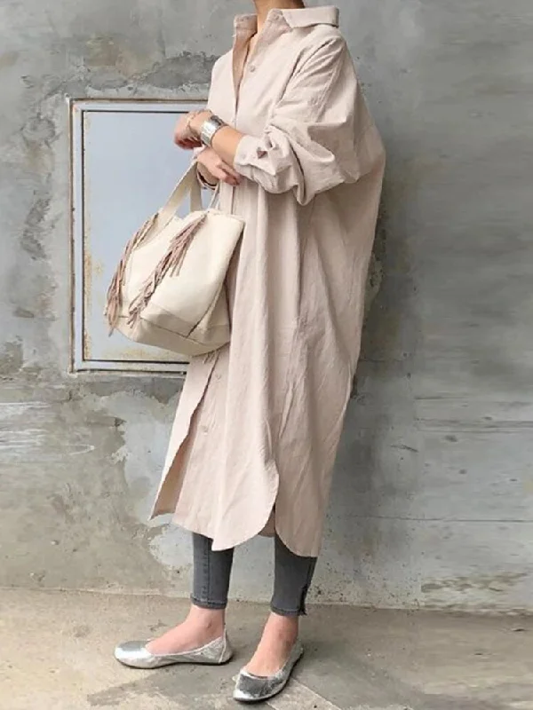 Solid Color Casual Long Sleeve Cotton Shirt Dresses