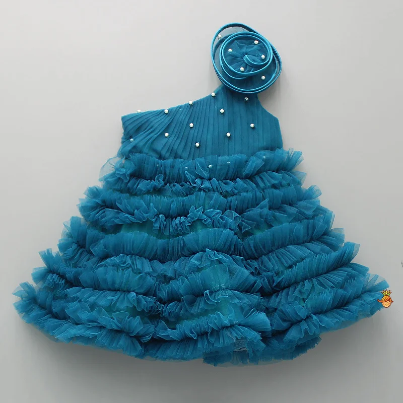 Swirl Ruffled Teal Blue One Shoulder Dress