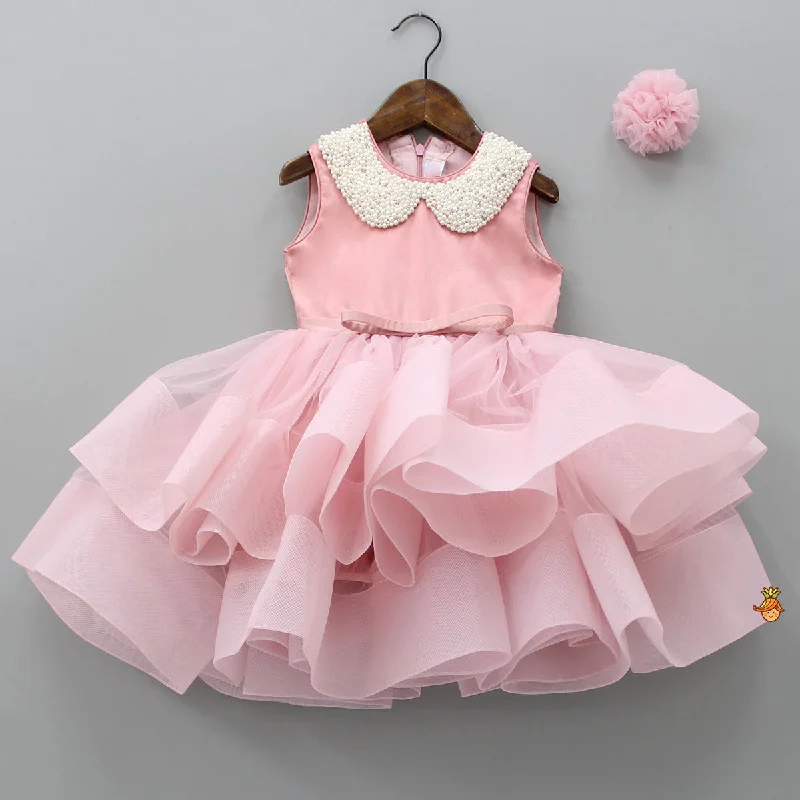 Pre Order: Elegant Pearls Embellished Onion Pink Ruffle Dress With Floral Hair Clip