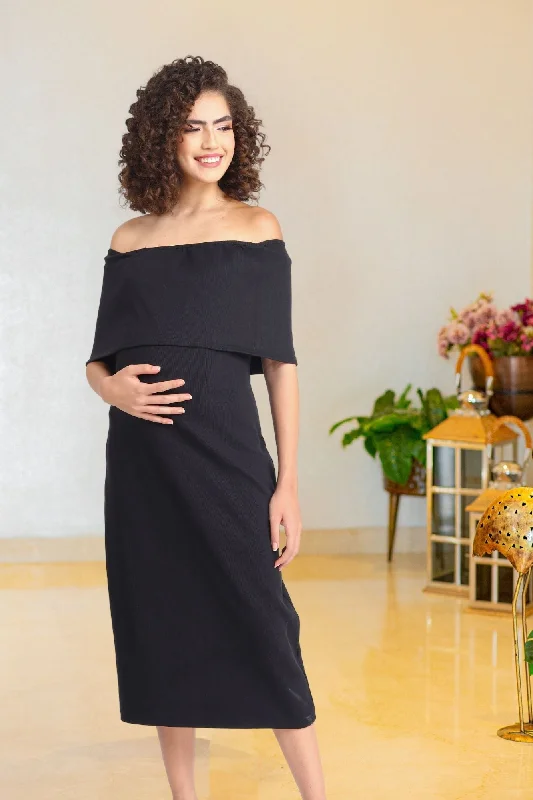 Glamorous Ribbed Black Maternity Bodycon Off-Shoulder Dress