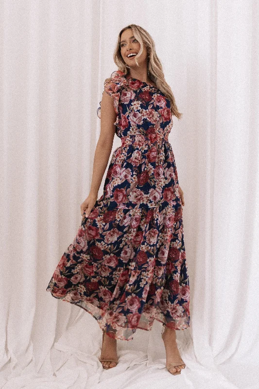 Layley One Shoulder Maxi Dress - Navy Floral