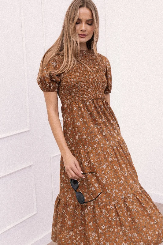 Naura Shirred Tiered Midi Dress - Cognac Floral