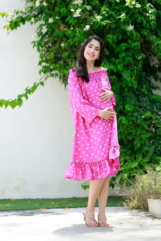 Barbie Pink Off-Shoulder Maternity Polka Frill Dress