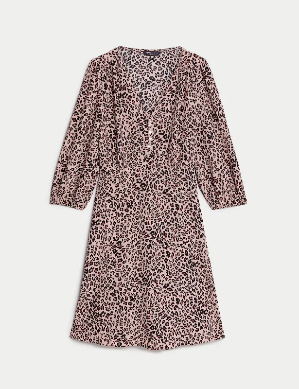 Animal Print V-Neck Knee Length Tea Dress