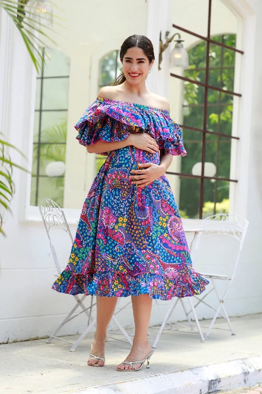 Cheery Colorful Blue Off-Shoulder Maternity Frill Dress