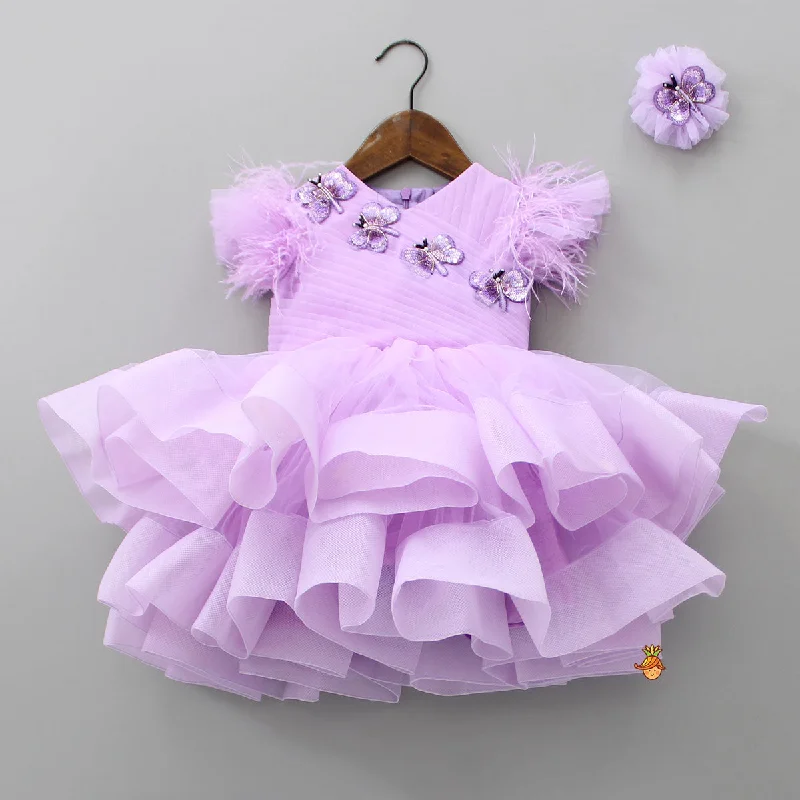 Pre Order: Lovely Butterfly Purple Net Ruffled Dress With Matching Hair Clip