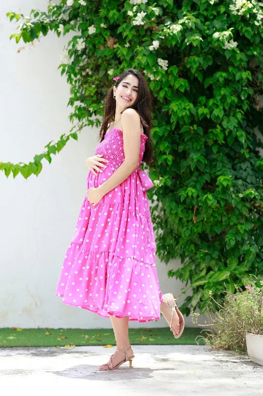 Retro Flamingo Pink Polka Maternity Off-Shoulder Dress