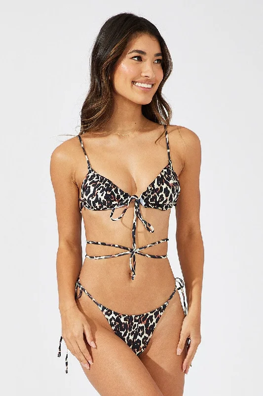 Brown Animal Print Tie Detail Bikini Set