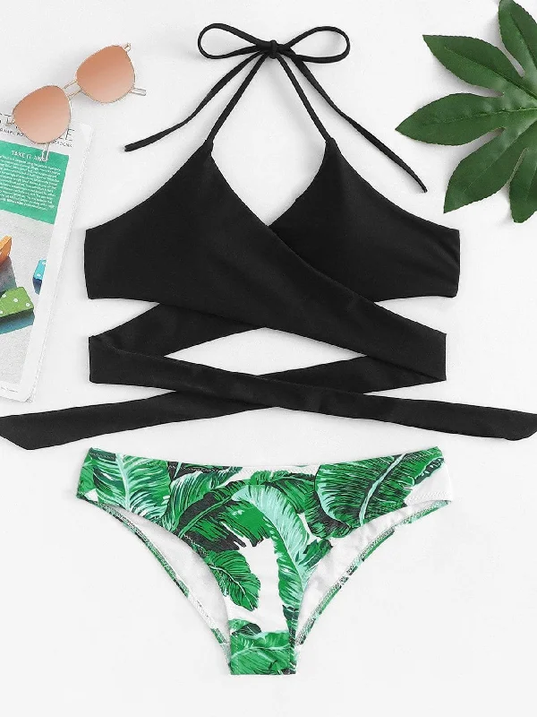 Criss Cross Tie Back Top With Tropical Print Bikini