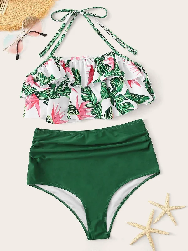 Jungle Print Halter Ruffle Top With High Waist Bikini