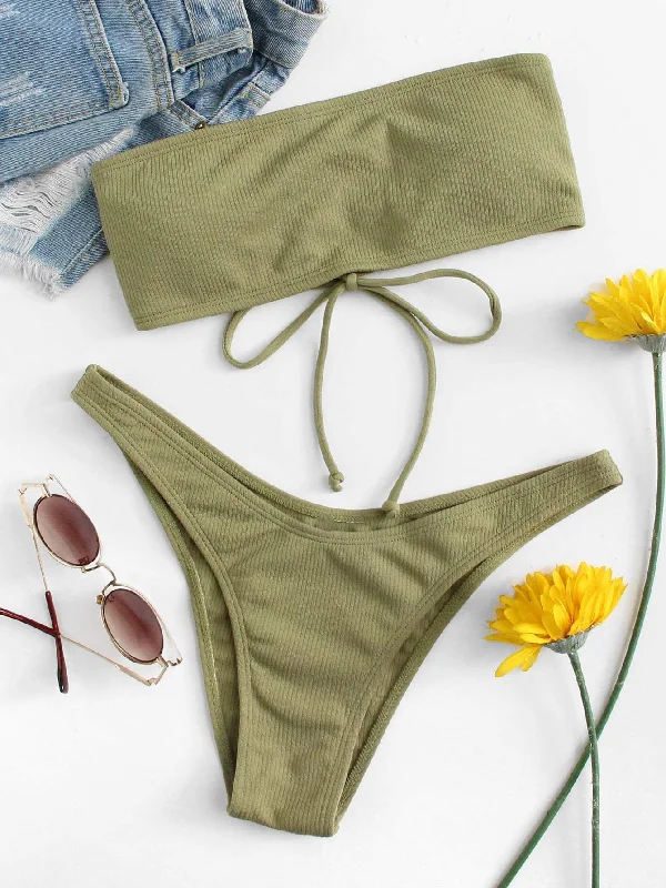 Lace Up Bandeau Top With Ribbed Bikini Set