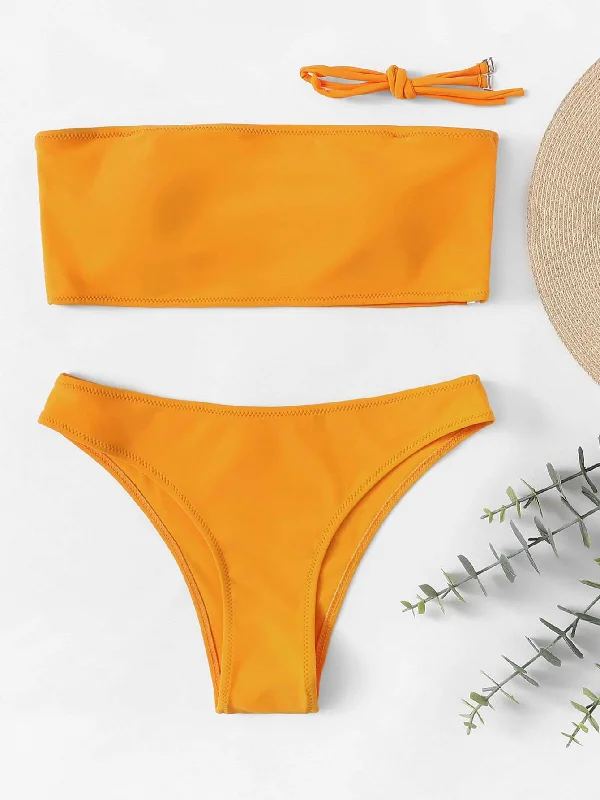 Plain Cut-out Bandeau Bikini Set