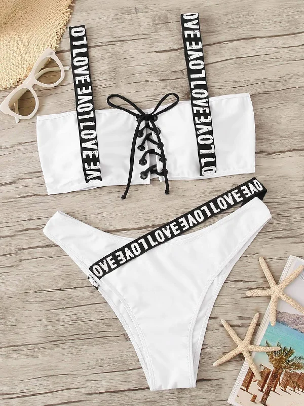 Plus Letter Tape Lace-up Top With High Leg Bikini