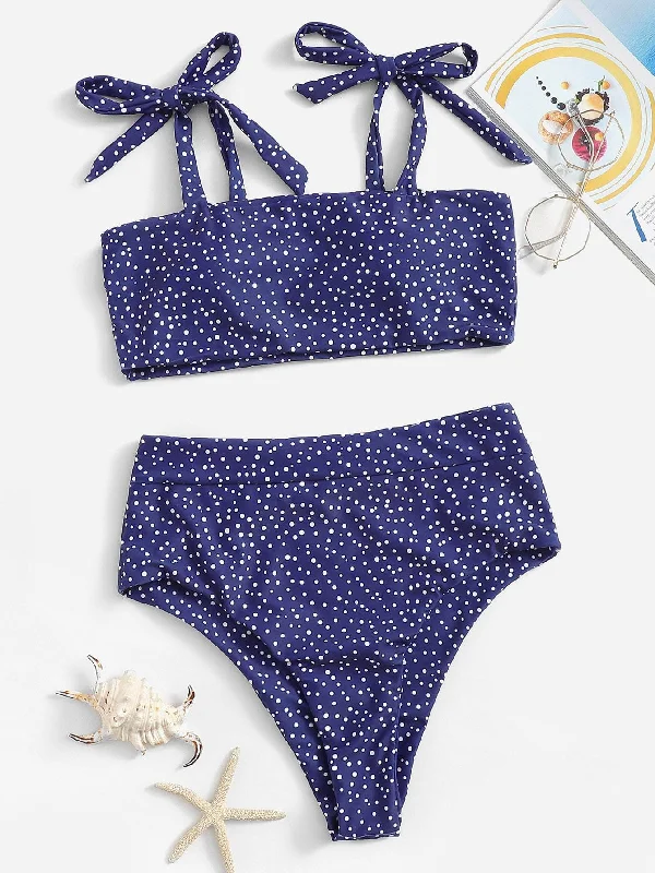 Polka Dot  Tie Shoulder Bikini Set