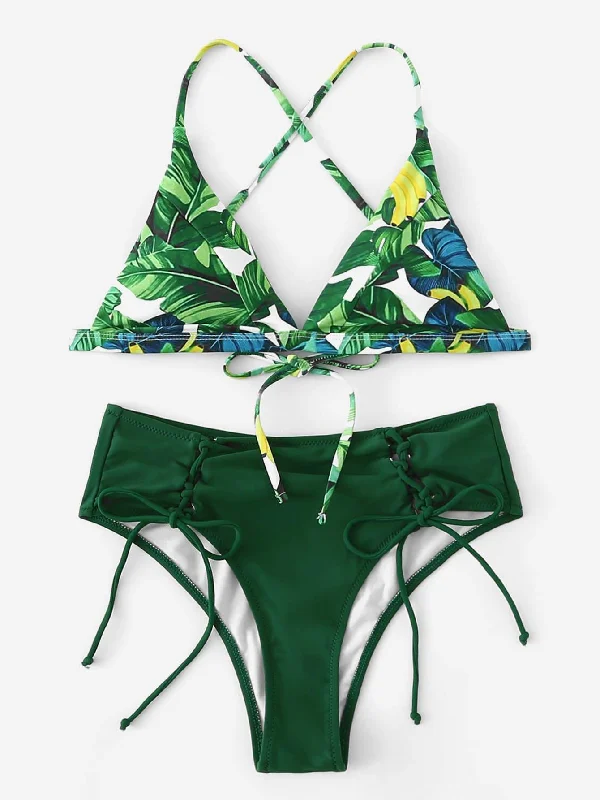 Random Palm Cross Top With Tie Side Bikini Set