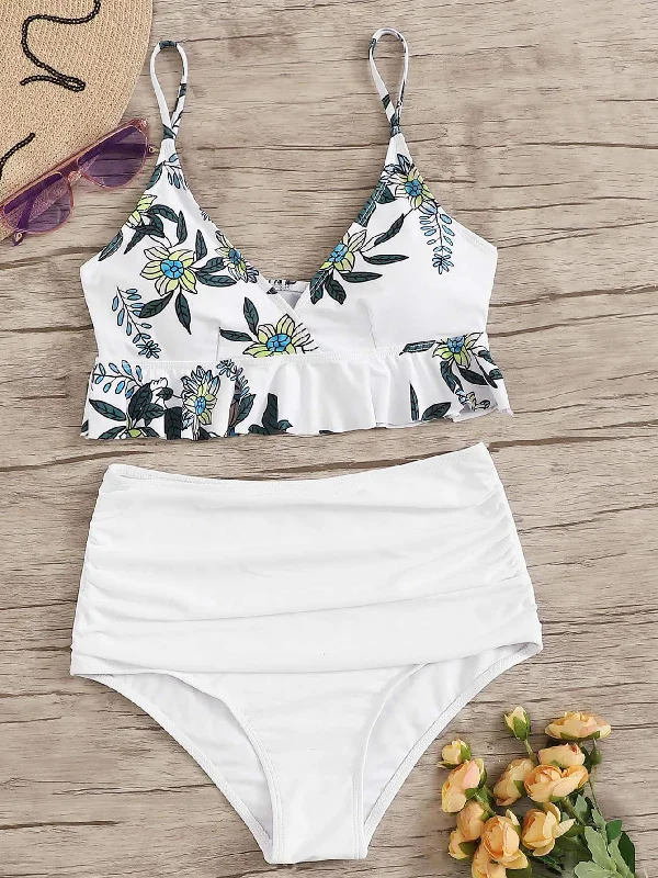 Random Tropical Ruffle Top With Ruched High Waist Bikini