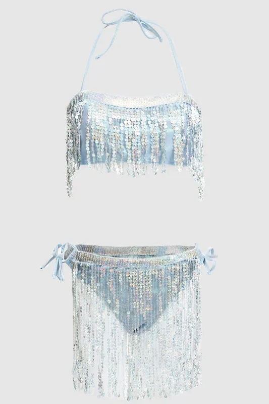 Silver Tassel Sequin Detail Lingerie Set Bikini Set