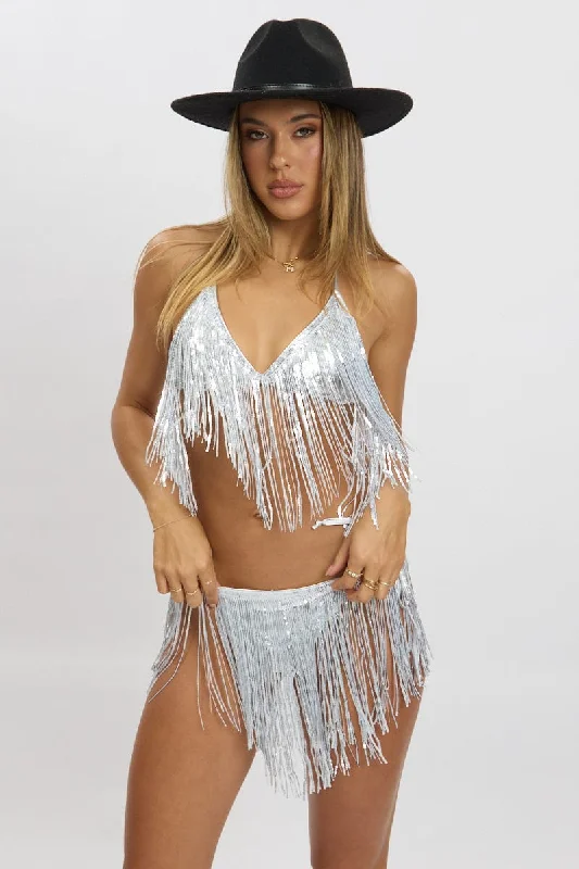 Silver Tassel Sequin Detail Lingerie Set Bikini Set