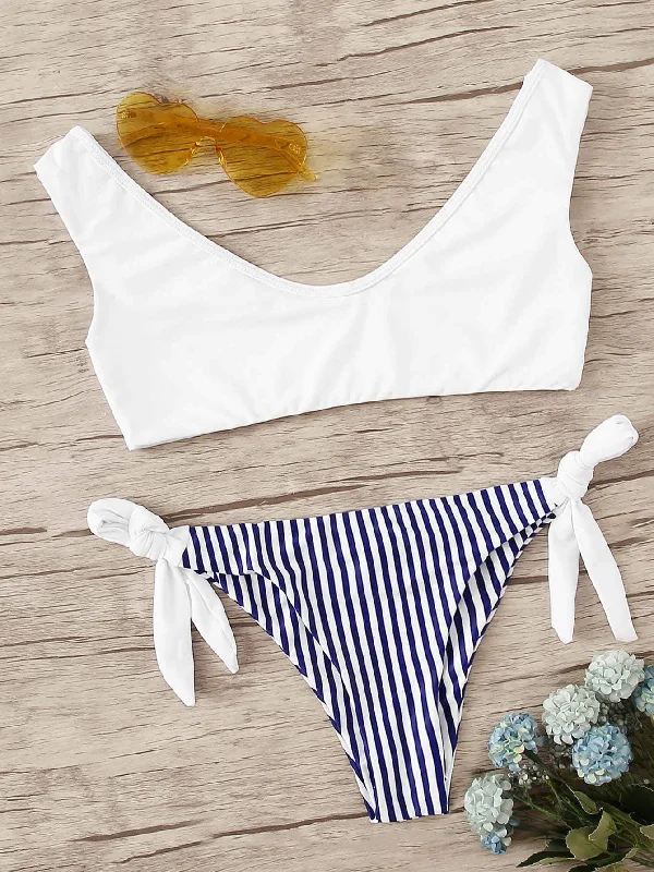 Solid Top With Striped Tie Side Bikini