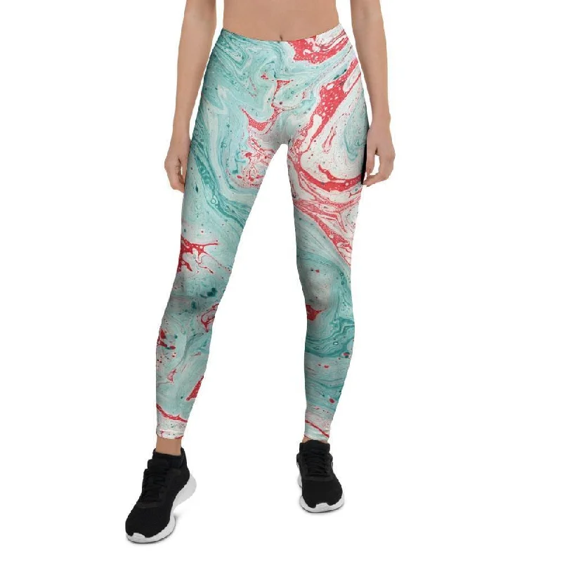 Mixed Red and Turquoise Marble Women's Leggings