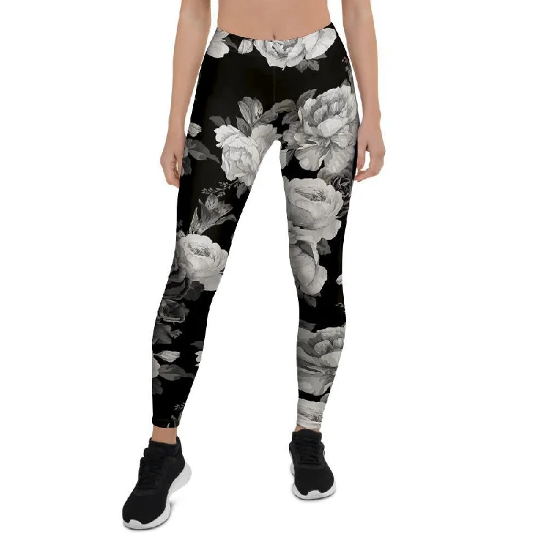 Monochrome Rose Floral Women's Leggings