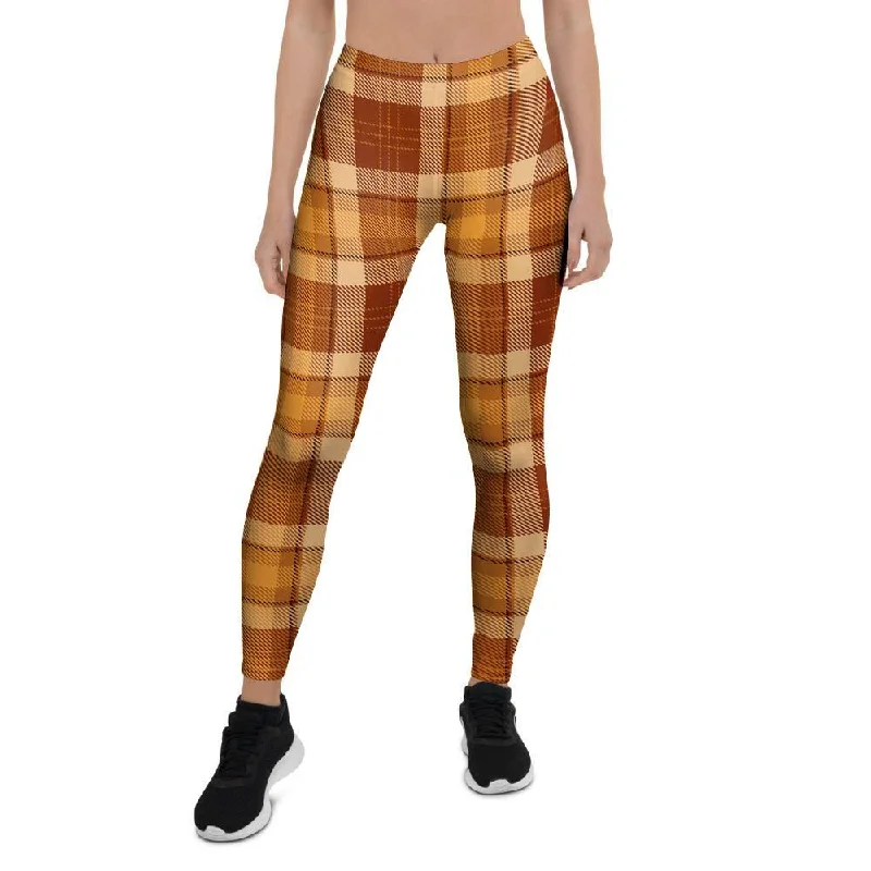 Orange Plaid Tartan Print Women's Leggings