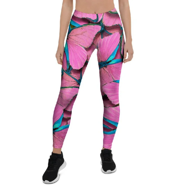 Pink And Blue Butterfly Print Women's Leggings