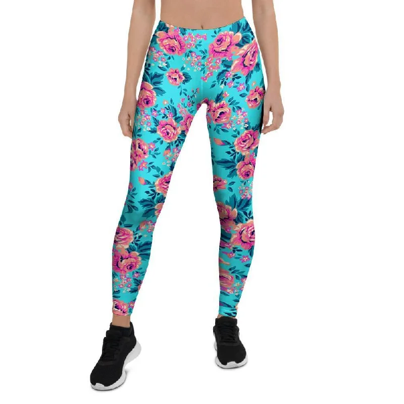 Pink And Blue Rose Floral Women's Leggings