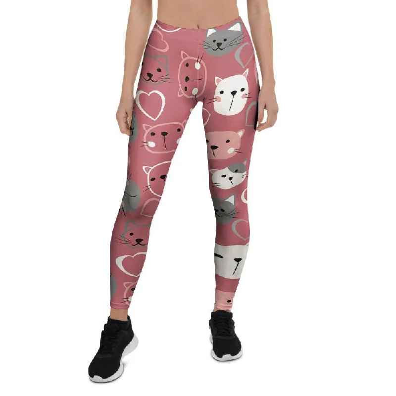 Pink Cat Face Print Women's Leggings