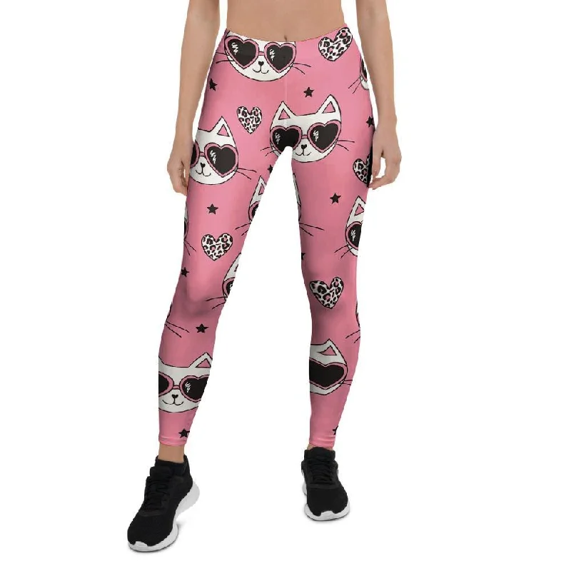 Pink Cat Print Women's Leggings