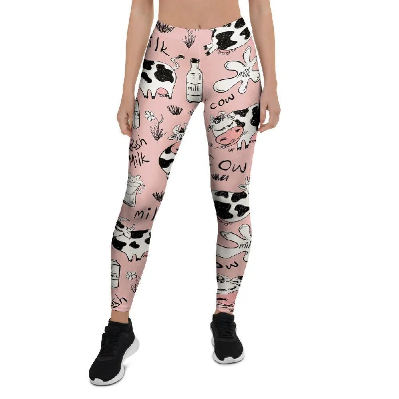 Pink Cow And Milk Print Women's Leggings