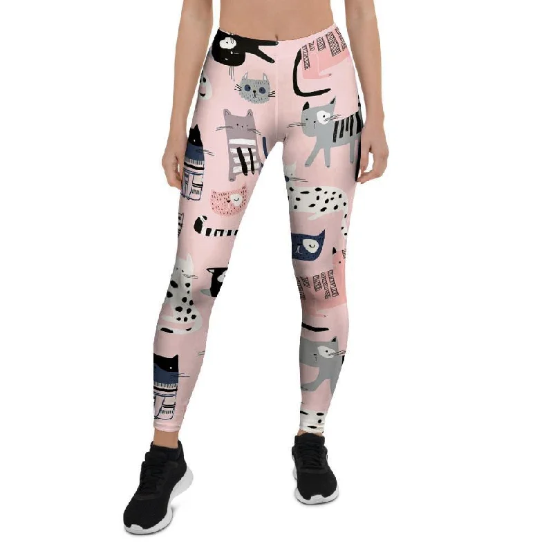 Pink Cute Cat Print Women's Leggings