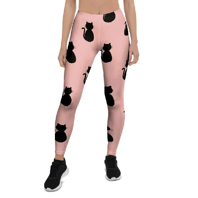 Pink Silhouette Cat Print Women's Leggings