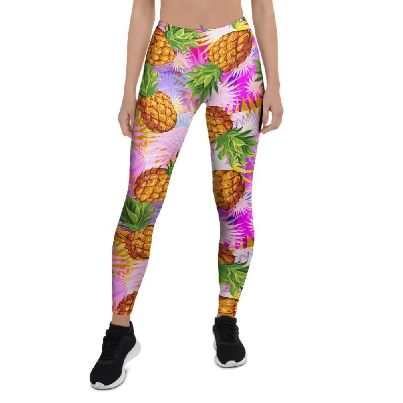 Purple Neon Pineapple Hawaiian Print Women's Leggings