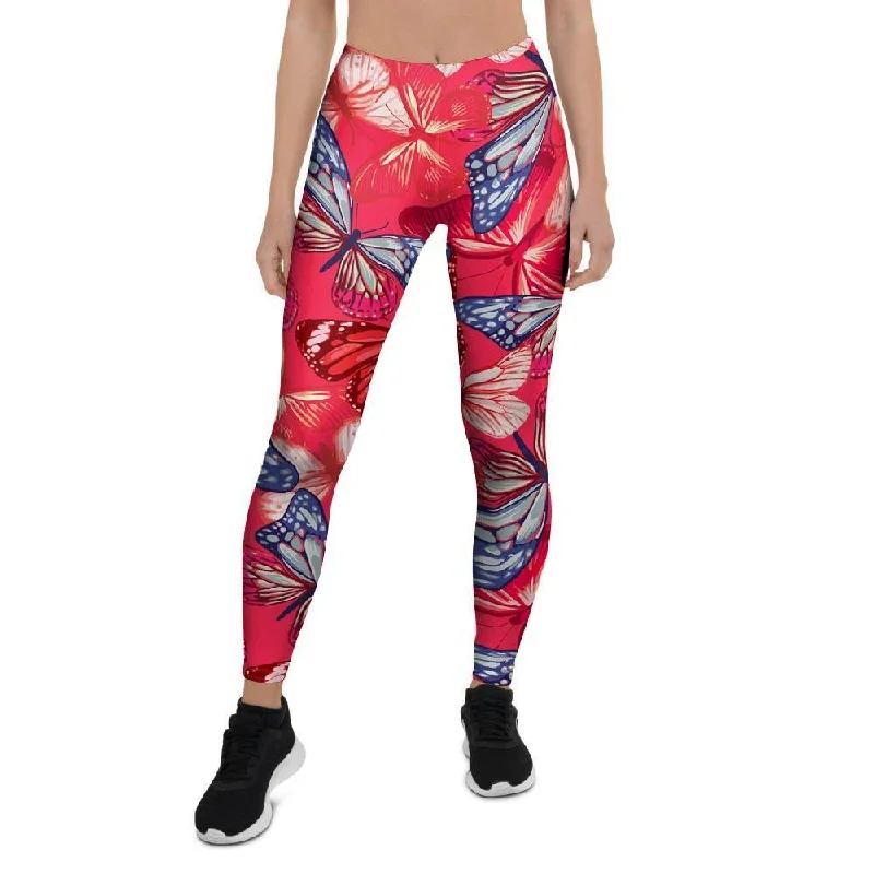 Red and Blue Butterfly Print Women's Leggings