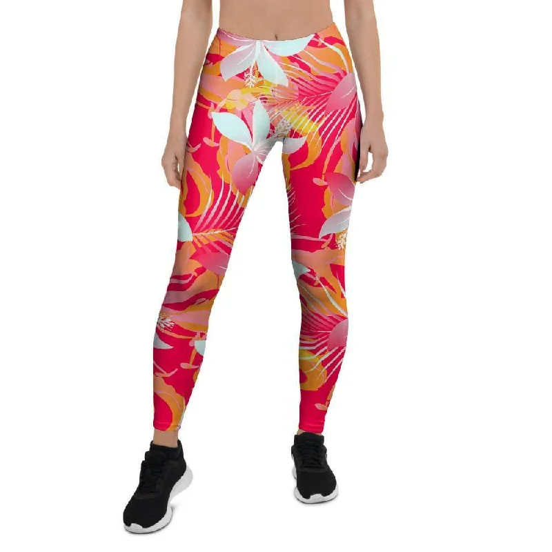 Red And Orange Hibiscus Hawaiian Print Women's Leggings