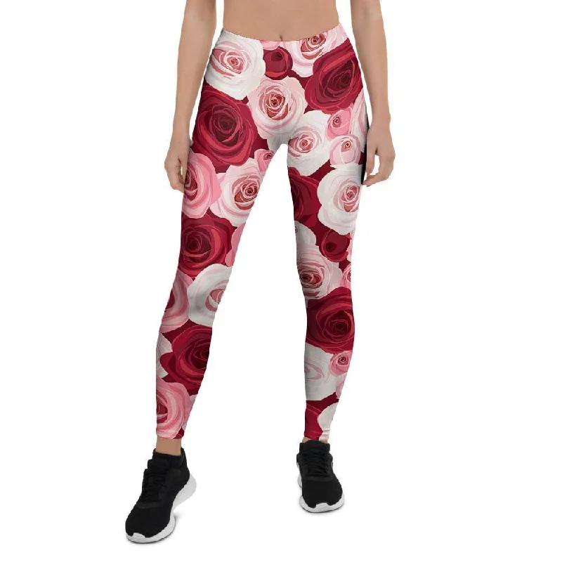 Red And Pink Rose Floral Women's Leggings