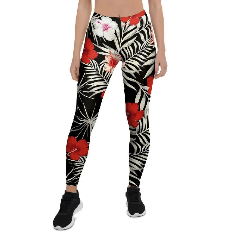 Red And White Hibiscus Flowers Hawaiian Print Women's Leggings