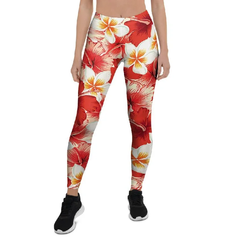 Red And White Hibiscus Hawaiian Print Women's Leggings