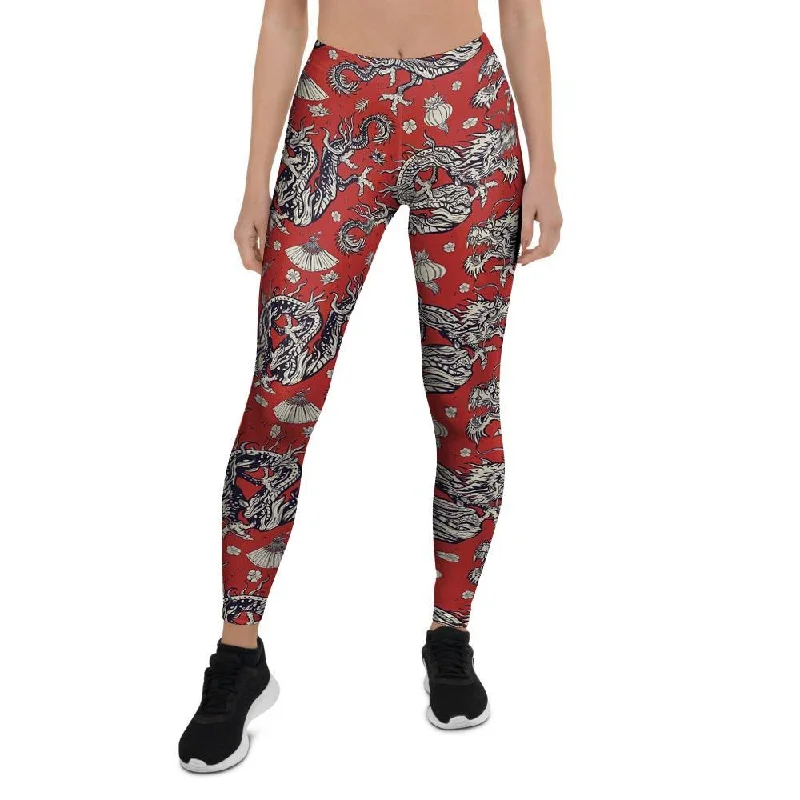 Red Chinese Dragon Floral Print Women's Leggings