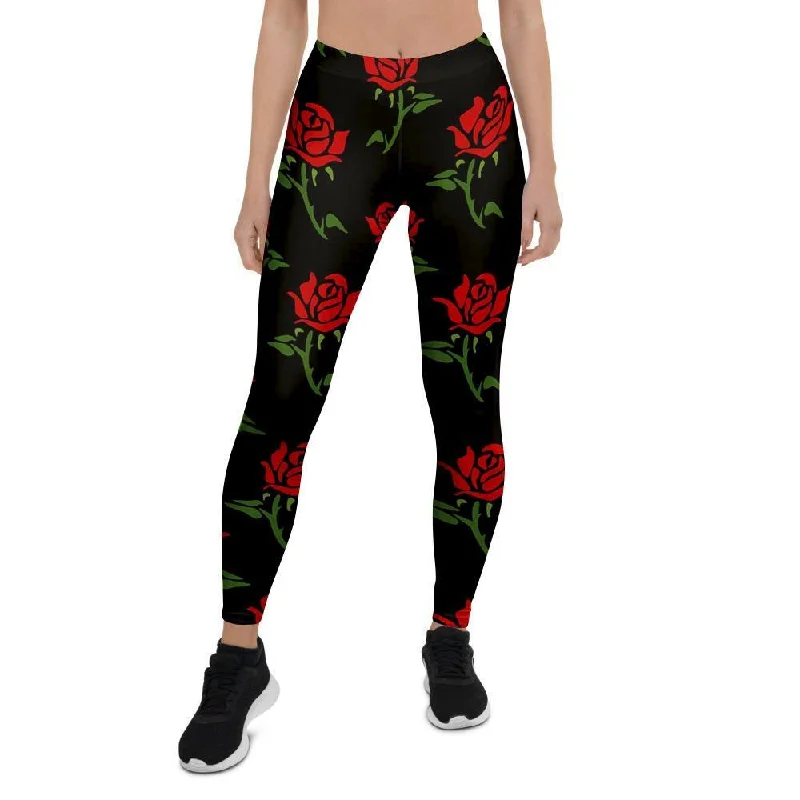 Red Doodle Rose Floral Women's Leggings