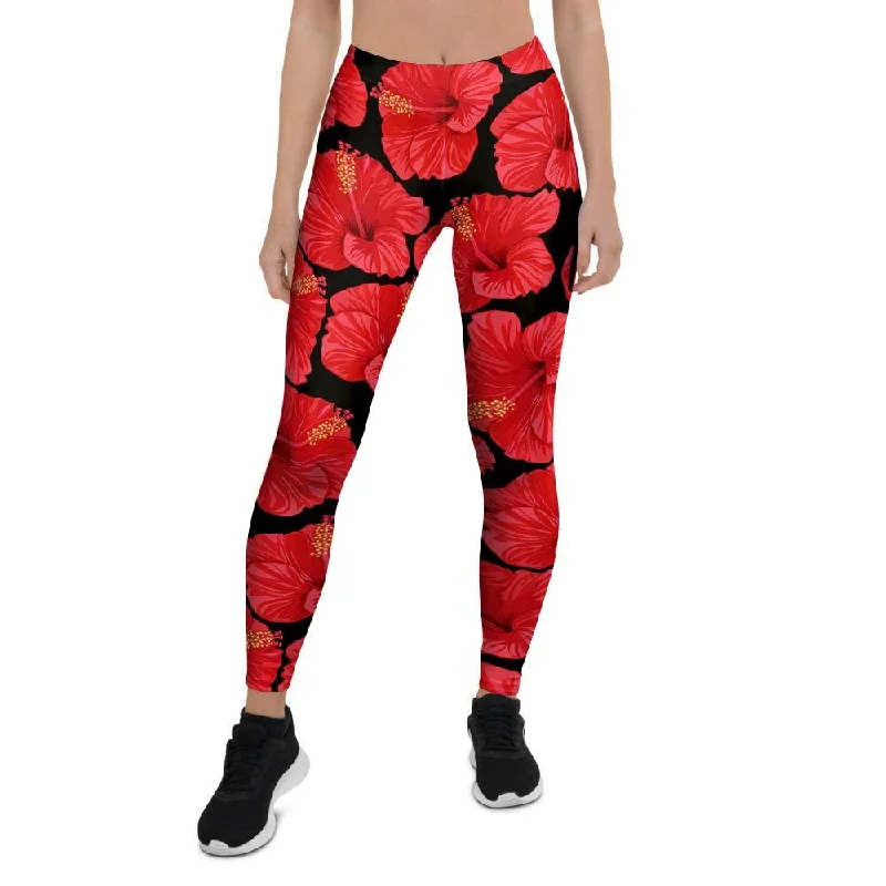 Red Hibiscus Flower Hawaiian Print Women's Leggings