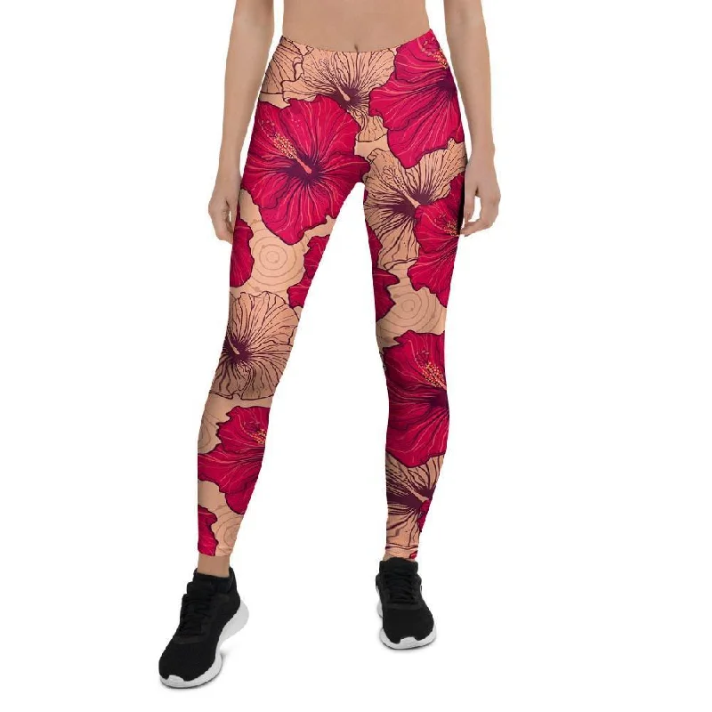 Red Hibiscus Flower Print Women's Leggings